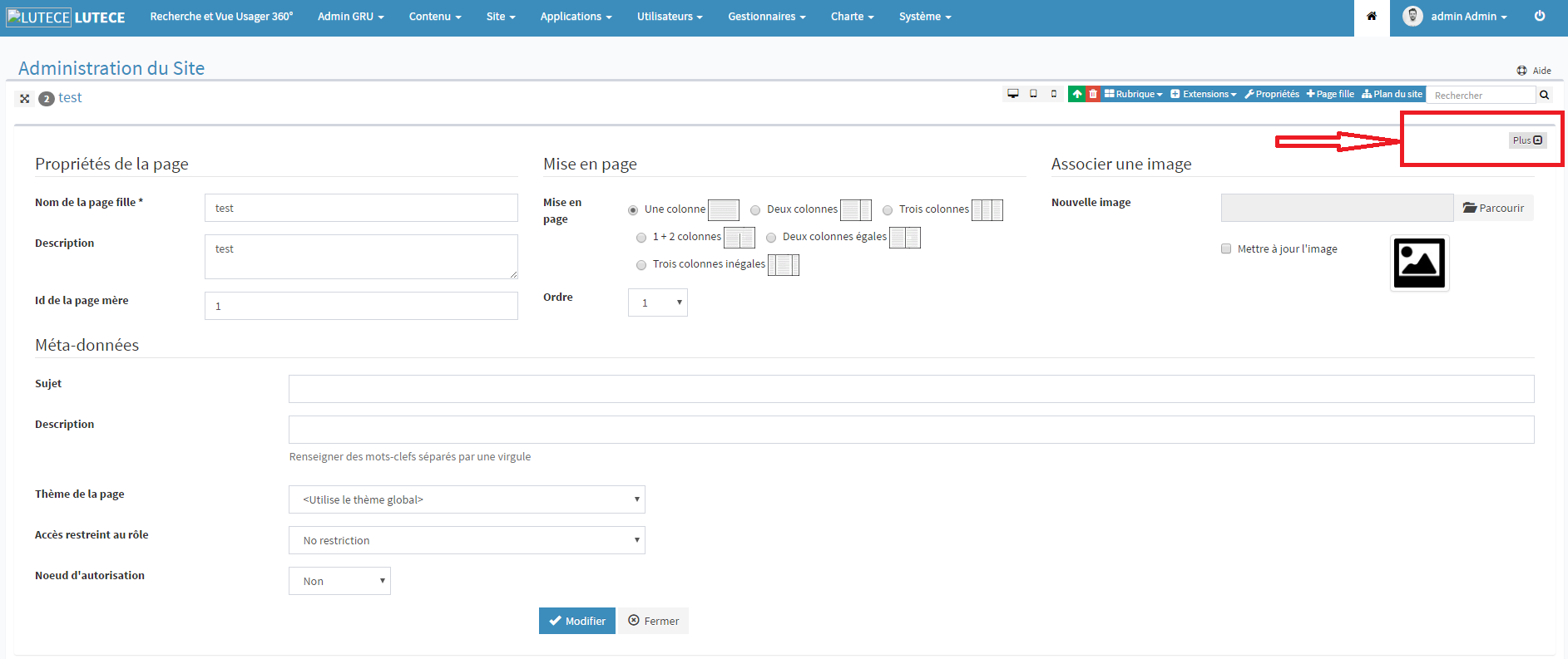 Menu des meta-donnees