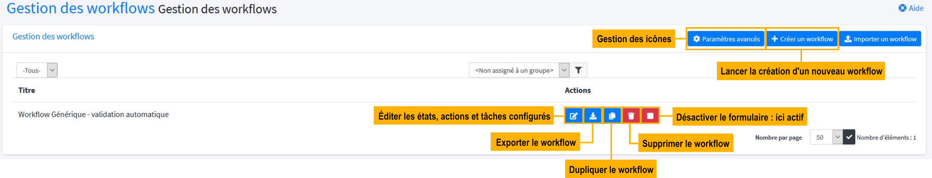 Menu de gestion des workflows commenté