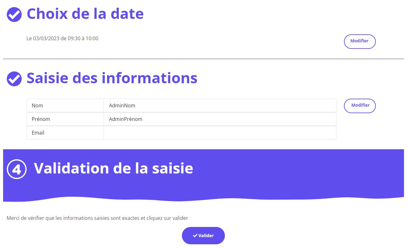 Validation par l'usager après vérification de son rendez-vous