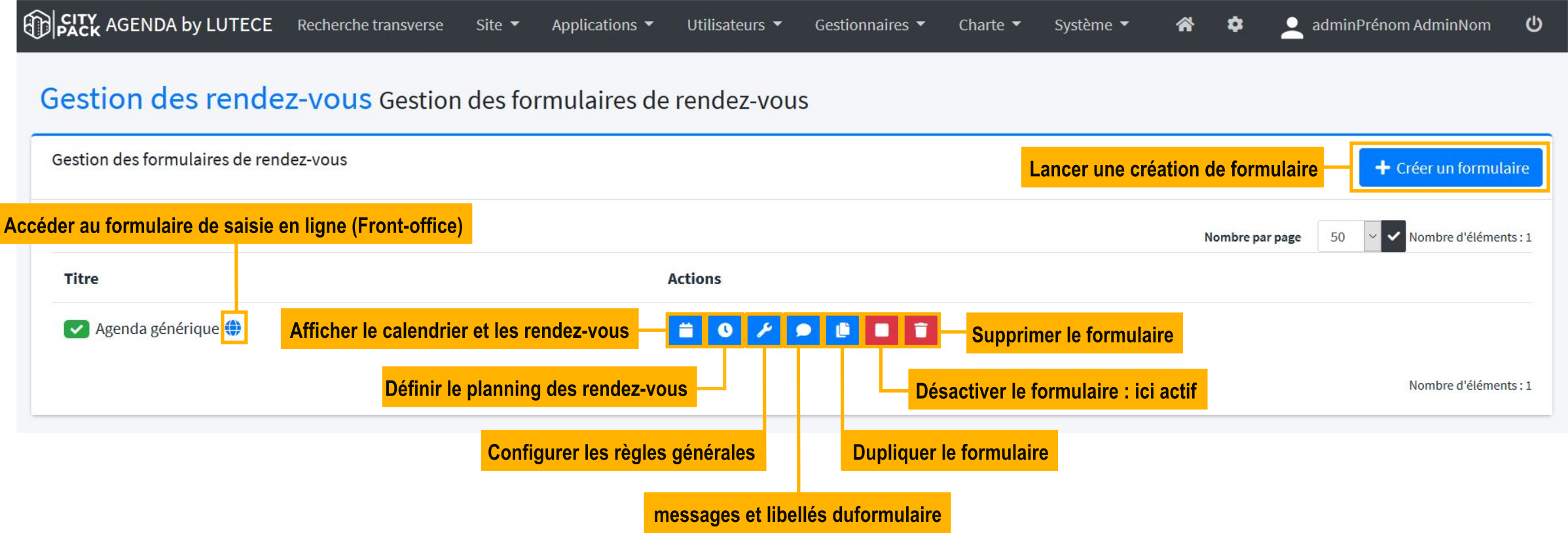 Fenêtre de gestion des rendez-vous commentées