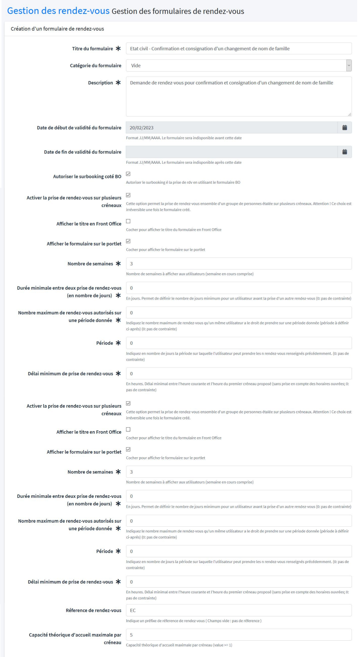 Formulaire de création d'un nouveau formulaire