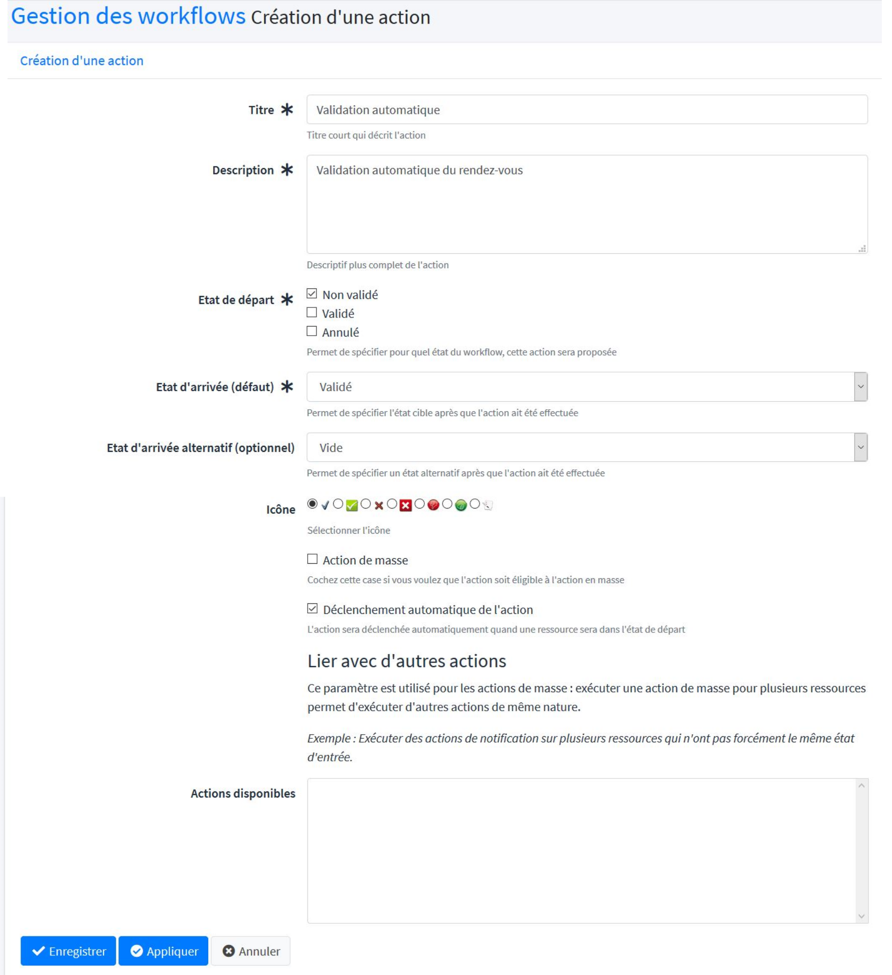 Configuration d'une action automatique