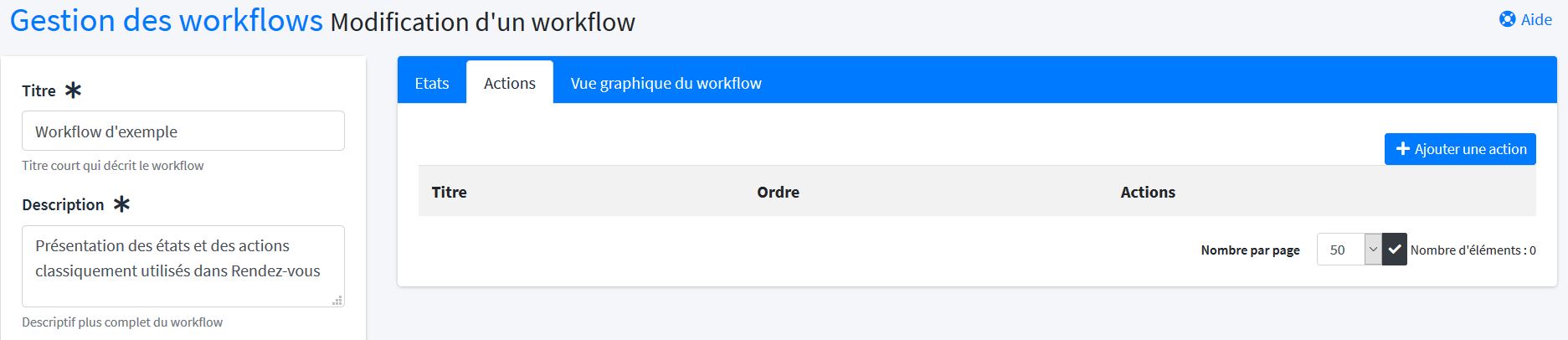 Fenêtre de configuration des actions