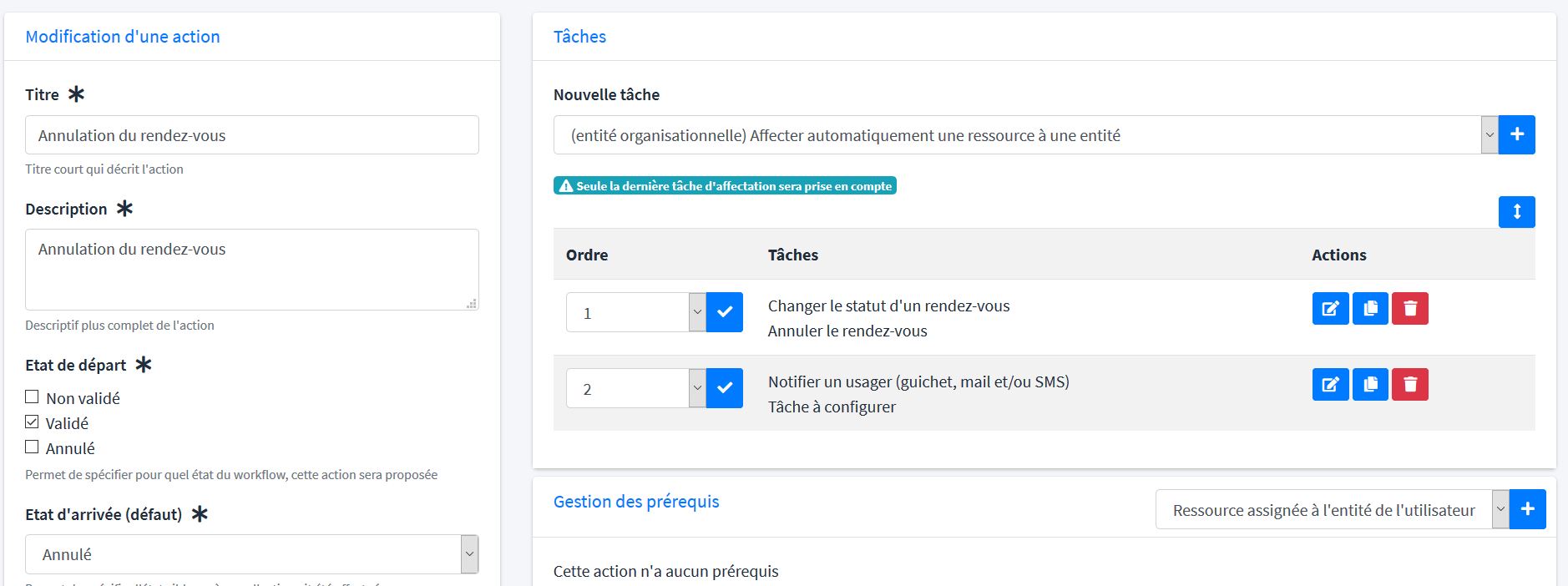 Les tâches d'une action d'annulation de rendez-vous