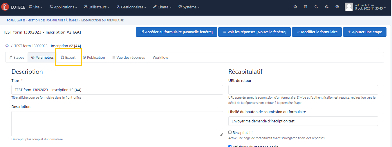 Paramètres form - Export