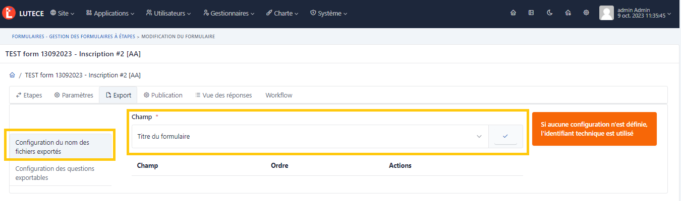 Paramètres form - Config nom fichiers