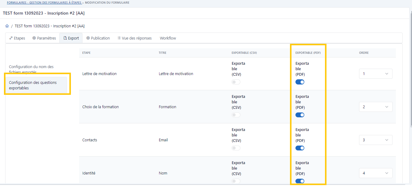 Paramètres form - Config questions