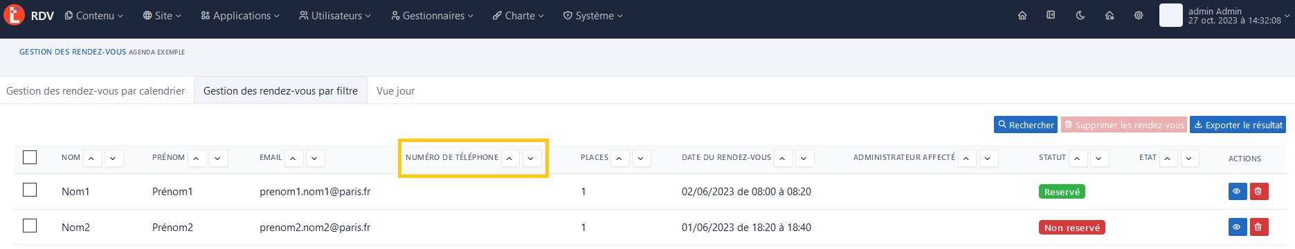Champs recherche/filtre tél