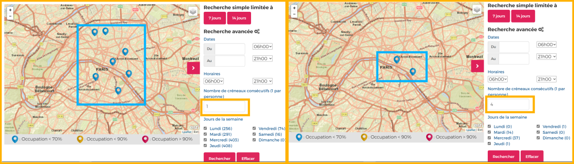 Exemple de filtre sur la page de recherche cartographique sur les multi-créneaux