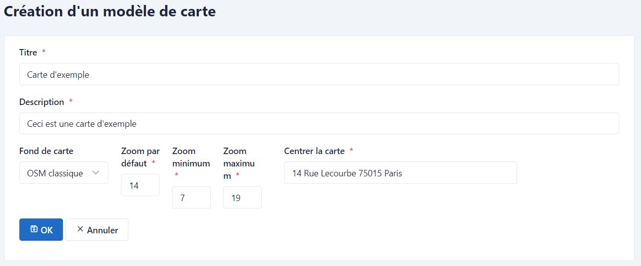 Paramètres nécessaires à la création d'un modèle de carte