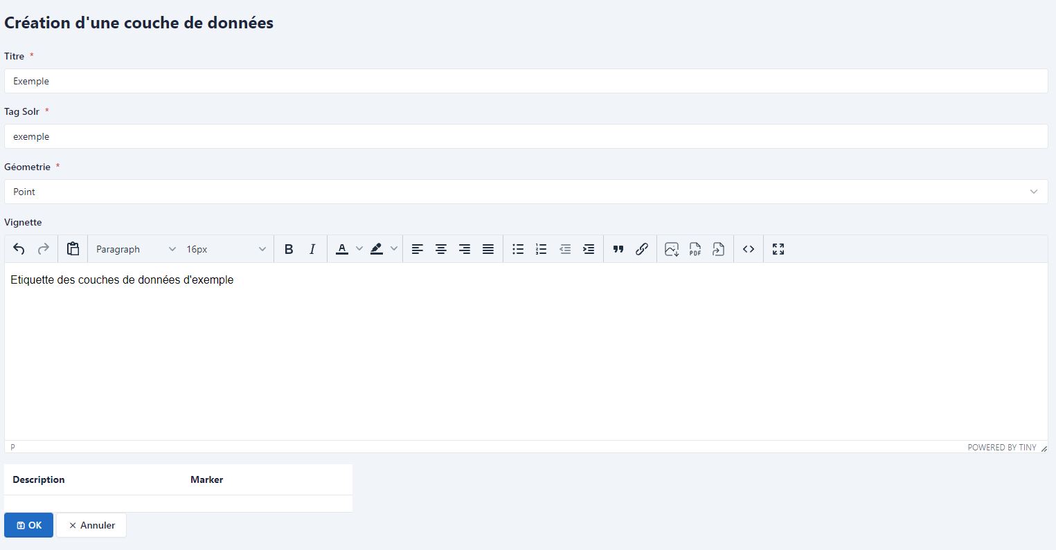 Paramètres nécessaires à la création d'une couche de données