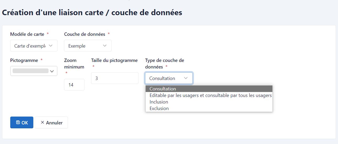 Construction d'une liaison entre modèle de carte et couche de données