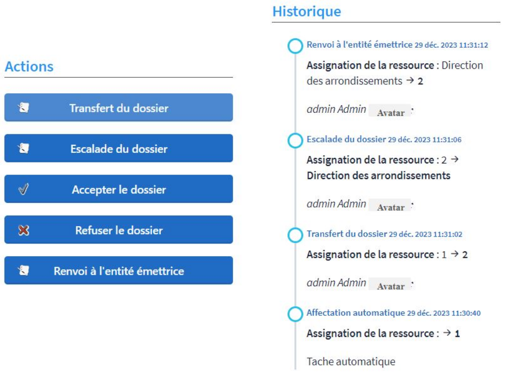 Exemple d'actions disponibles pour une réponse et l'historique de la réponse