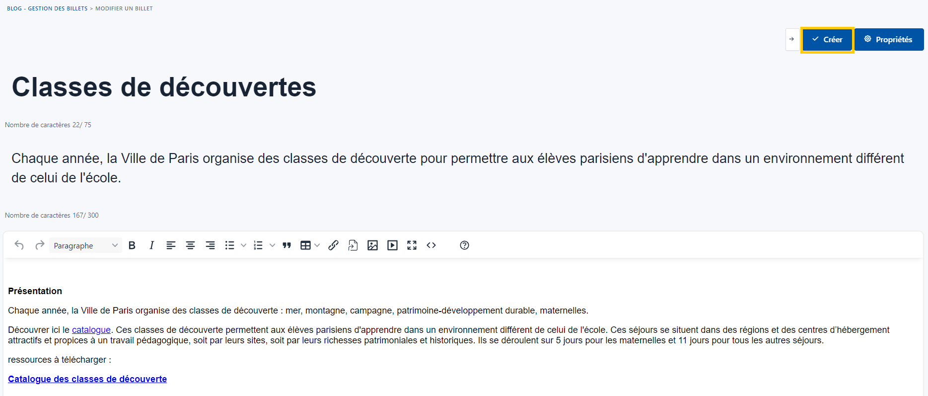 Contenu billet - créer