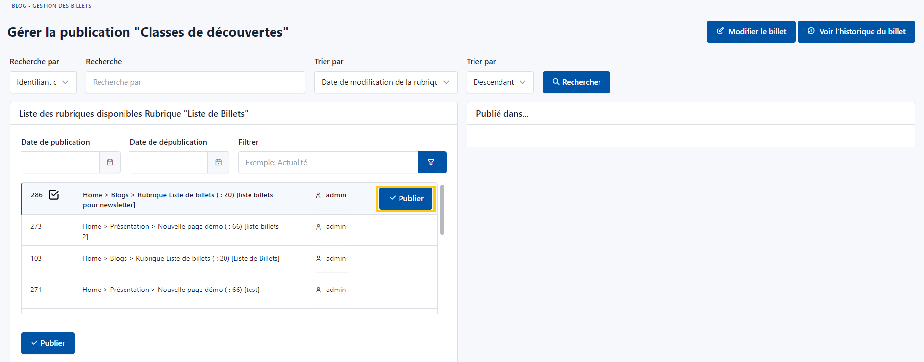 Publication sélection rubrique