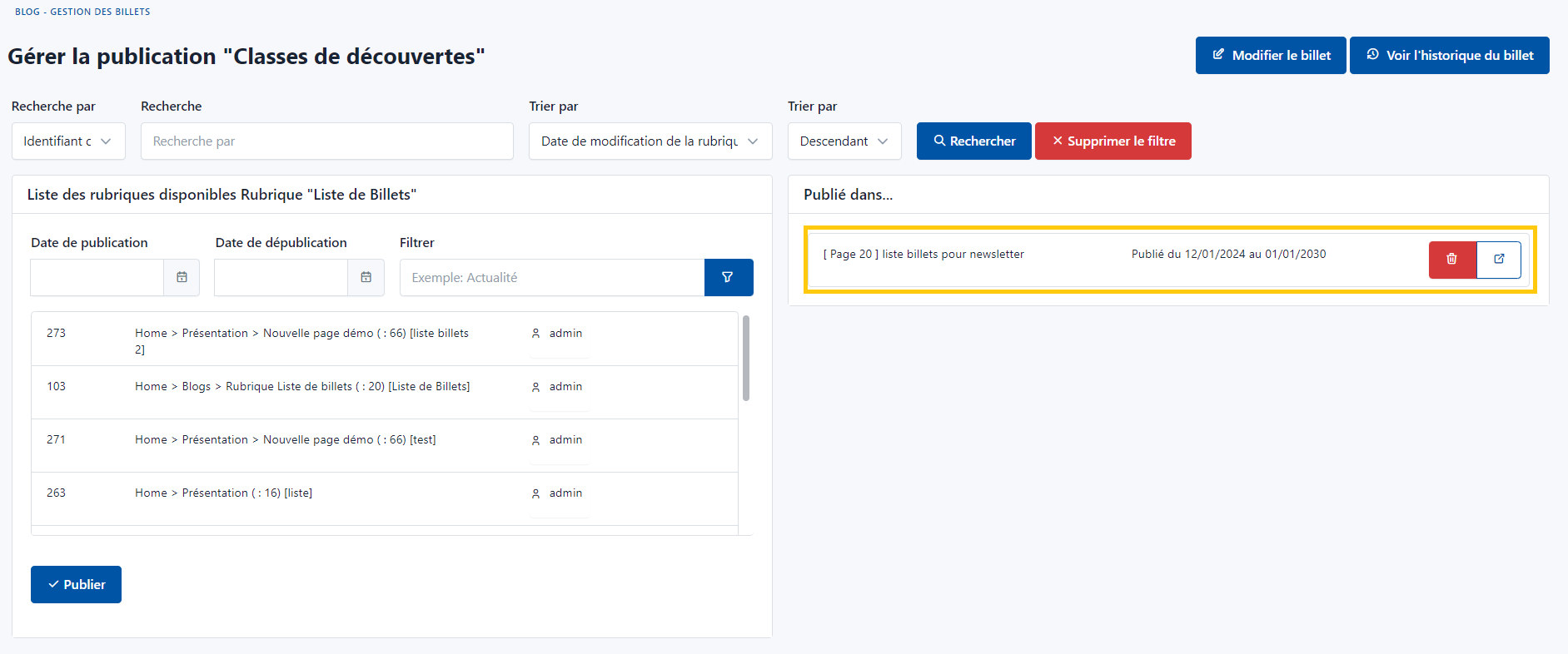 Publication dans rubrique