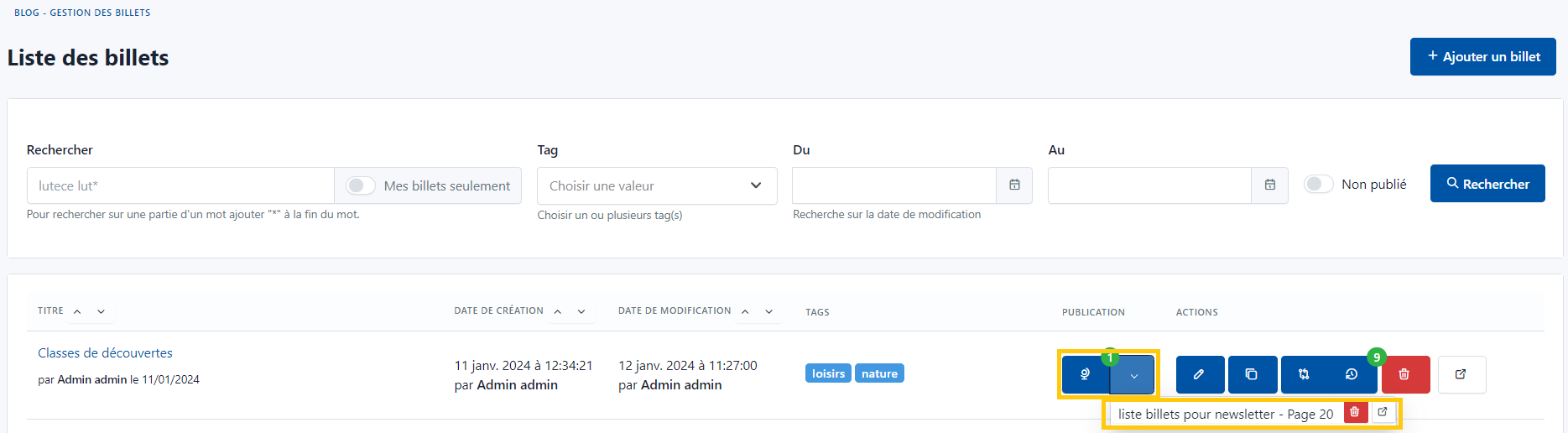 Publication liste rubriques