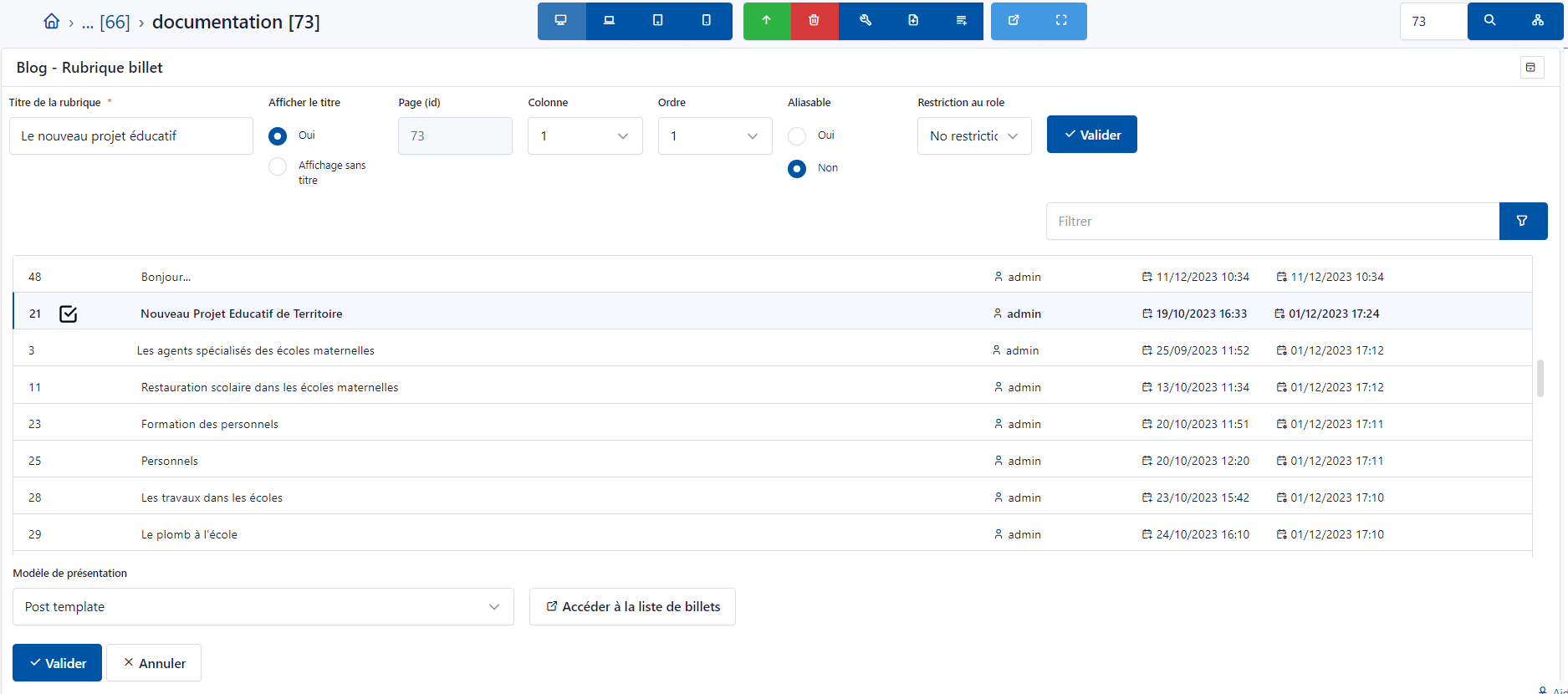 Rubrique billet sélection contenu