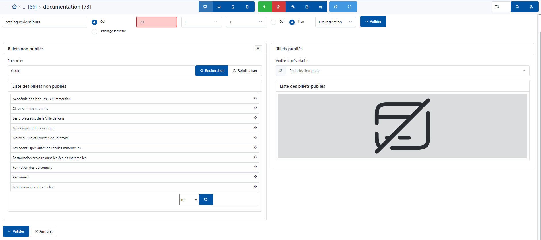 Rubrique liste billets critère recherche