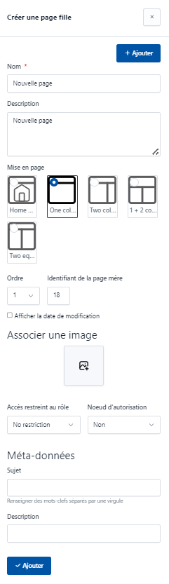 Volet vertical des propriétés d'une page