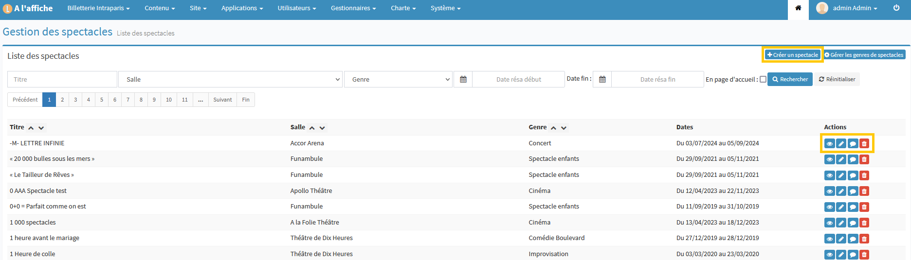 Gestion des spectacles