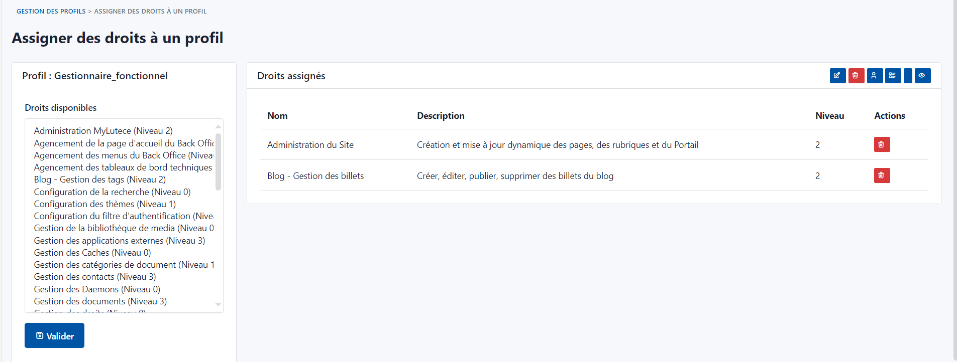 Assigner droits à un profil