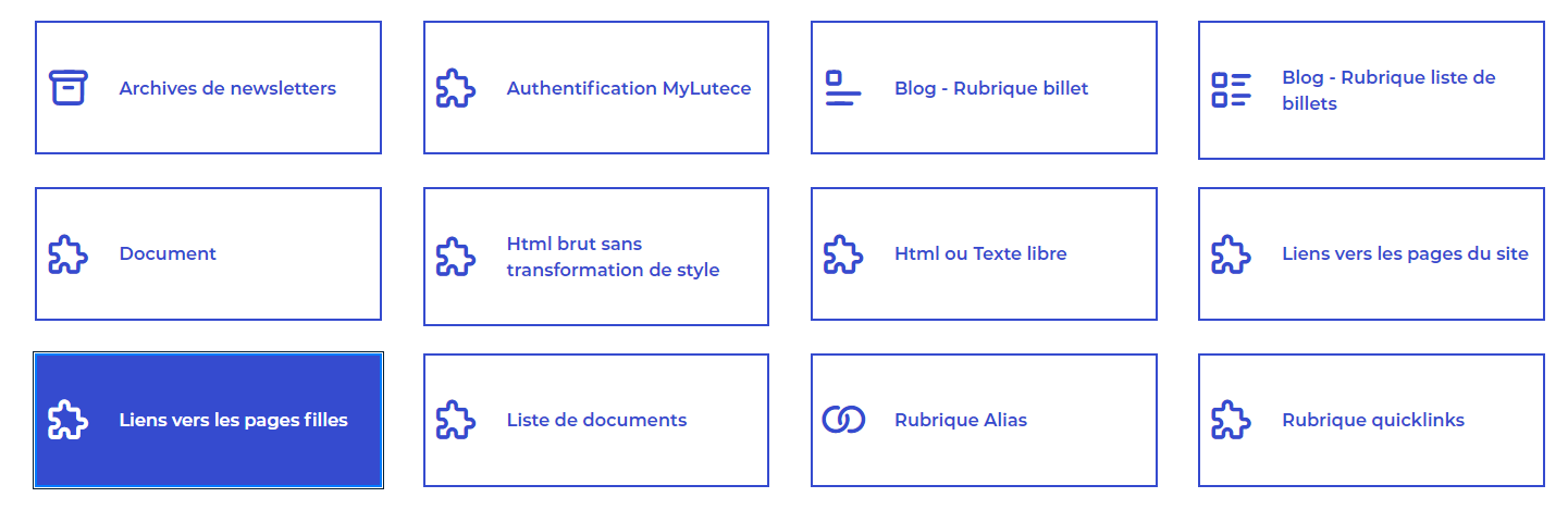 Rubrique lien vers pages filles
